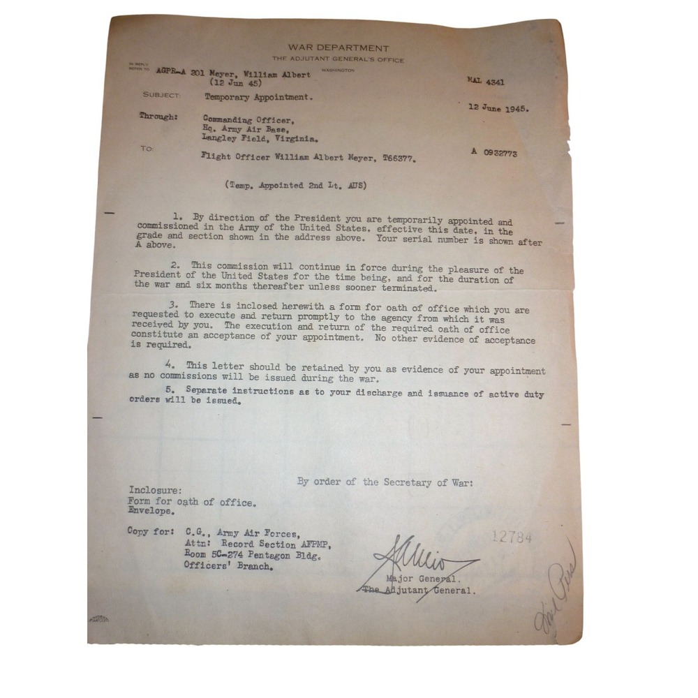 1945 WWII War‎ Dept Document Flight Officer William Meyer Promotion 2nd Lt